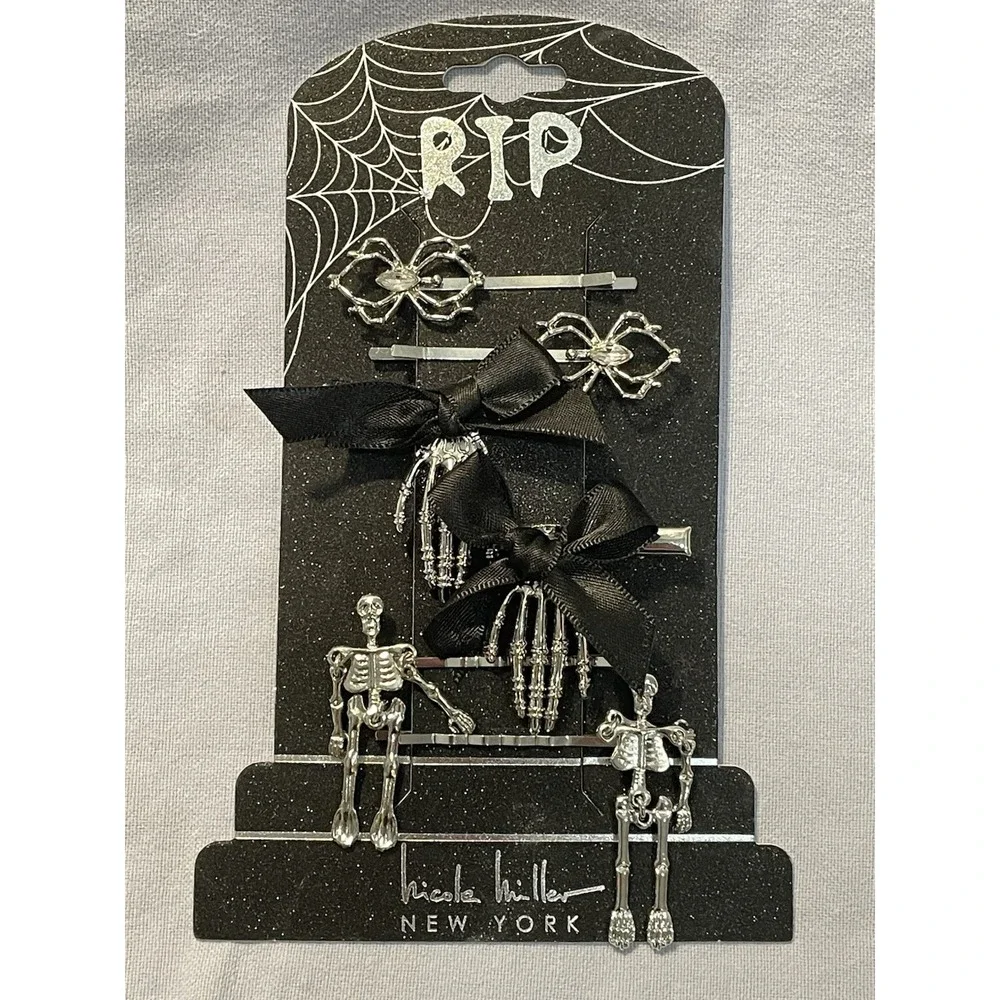 NEW Set of 6 Nicole Miller Silver Metal  Bar Hair Clips Halloween - Hand Spider